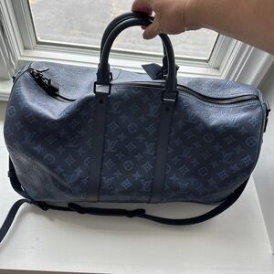 Louis Vuitton Calfskin Monogram Shadow Keepall Bandouliere 50 Navy